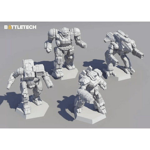 The BattleTech: Inner Sphere Direct Fire Lance Expansion by Catalyst Game Labs features four detailed, unpainted miniatures—including the Marauder II and Atlas—on hex bases, with the BattleTech logo shown in the top left corner.