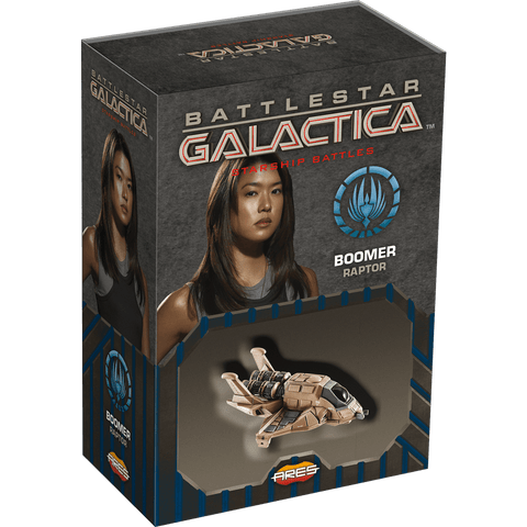 A boxed Battlestar Galactica: Starship Battles – Boomer Raptor by Ares Games featuring a Boomer pilot card, spaceship model, and the Battlestar Galactica ship logo on the packaging.