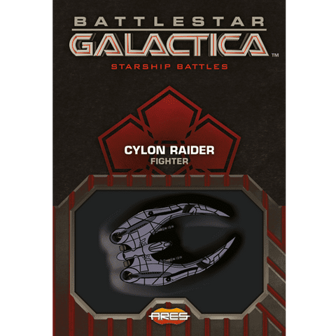 The Battlestar Galactica: Starship Battles – Cylon Raider cover by Ares Games features a Cylon Raider craft on a dark backdrop, bold red and silver text, geometric accents, and a dynamic gaming base design.