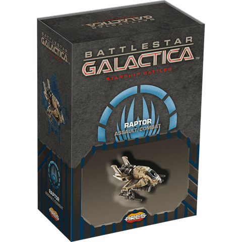 The Battlestar Galactica: Starship Battles – Raptor (Assault/Combat) box features a detailed Raptor combat ship model with sci-fi graphics and branding on a sleek dark background.