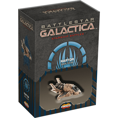The Battlestar Galactica: Starship Battles – Raptor (SAR/ECM) box features the search-and-rescue tactical craft, packaged in mostly gray with blue accents and a plastic window displaying the ship.