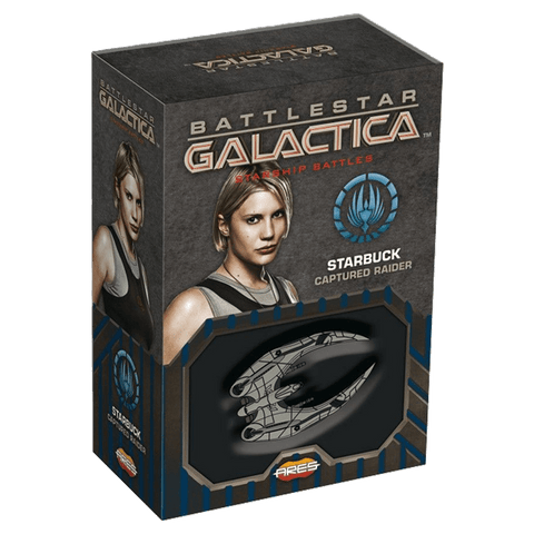 A boxed Battlestar Galactica: Starship Battles – Starbuck Captured Raider features a detailed Cylon Raider assault craft on the box and an image of Starbuck on the side.