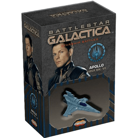 Ares Games’ Battlestar Galactica: Starship Battles – Viper MK VII (Apollo) includes a Viper Mk.VII model, pilot cards, and features Apollo in uniform on the box.