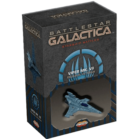 A boxed Battlestar Galactica: Starship Battles – Viper MK VII (Pegasus/Veteran) model with the ship visible through a window in dark packaging, featuring branding, logo, and pilot cards included.