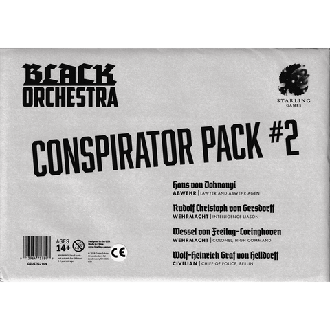 Box for Black Orchestra Conspirator Pack #2 by Game Salute shows names and roles of conspirators, age rating 14+ in the lower left, and company logos at the top right and bottom.