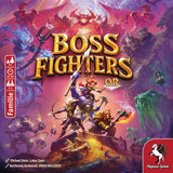 Vibrant cover art for Boss Fighters QR features heroes battling monsters with lightning and magic on rocky terrain—a cooperative, strategic deck-building fantasy campaign game by Pegasus Spiele, with their logo in the bottom right corner.