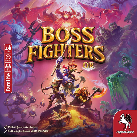 Vibrant cover art for Boss Fighters QR features heroes battling monsters with lightning and magic on rocky terrain—a cooperative, strategic deck-building fantasy campaign game by Pegasus Spiele, with their logo in the bottom right corner.