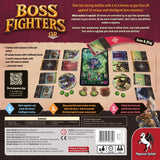 The image shows the back of the Boss Fighters QR box by Pegasus Spiele, featuring its app-connected hybrid card game format, strategic deck building, dragon boss character, contents list, game details, and the Pegasus Spiele logo.