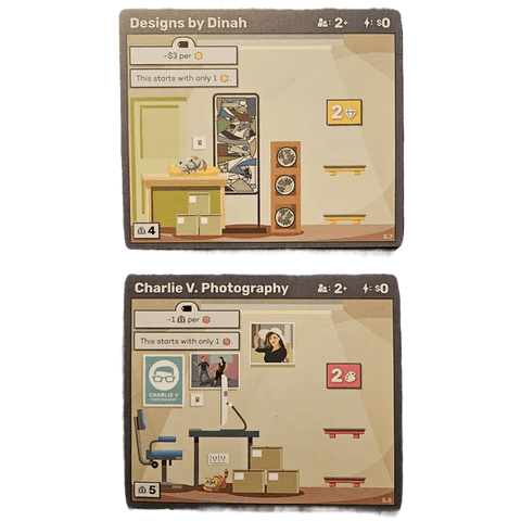 Two illustrated cards from the Brick & Mortar Kickstarter Promo Starting Stores set by Octoraffe Games: Designs by Dinah shows a cluttered art office; Charlie V. Photography displays a desk with camera, photos, and boxes.