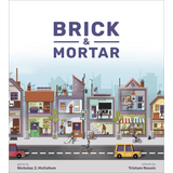 Box cover for the Brick & Mortar Bundle by Octoraffe Games shows cartoon storefronts and people shopping, biking, and walking along a colorful street. The bold purple title hints at the economic board game's market manipulation theme.
