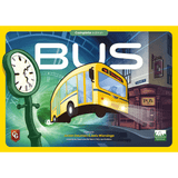 The Bus: Complete Edition box from Capstone Games features a yellow bus driving through a surreal cityscape with a green clock and pub, capturing the quirky public transport board game adventure.