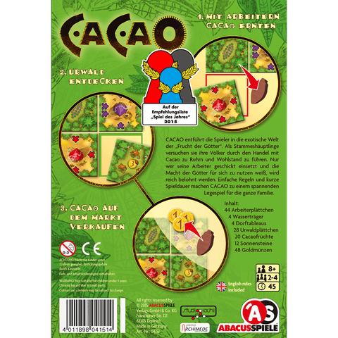 Back of the Cacao EN/DE board game box by Abacus Spiele, featuring German text instructions, components, vibrant tile illustrations, board setup images, and the Abacus Spiele logo at the bottom.