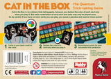 The back of the Cat in the Box Deluxe Edition by Pegasus Spiele showcases vibrant quantum trick-taking game components, details for 2-5 players, and a barcode in the lower left corner.