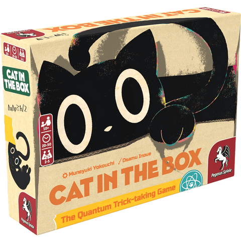 Cat in the Box Deluxe Edition by Pegasus Spiele is a quantum trick-taking card game for 2-5 players, ages 10+, with playtime of 20–50 minutes. The box shows a wide-eyed black cartoon cat with a curled tail.
