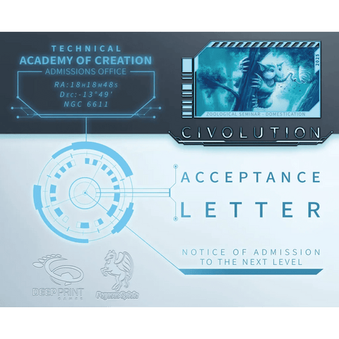 The Civolution: Acceptance Letter Expansion by Pegasus Spiele features blue digital graphics, a sci-fi creature, technical data, and the Extra Credits icon. Text reads "Acceptance Letter" and "Notice of Admission to the Next Level.