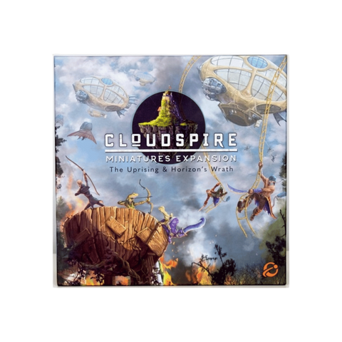 The cover of Cloudspire: Miniatures Expansion - The Uprising & Horizon's Wrath by Chip Theory Games features floating airships, fantasy heroes clashing on cliffs, and a central floating island, all set against an epic cloudy sky.