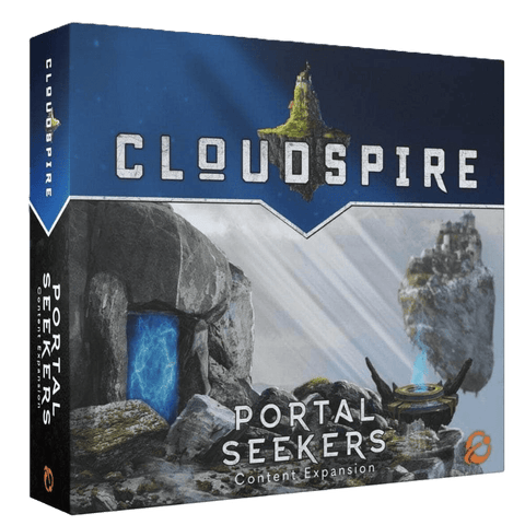 The image displays the box for Cloudspire: Portal Seekers Expansion by Chip Theory Games, featuring fantasy artwork of rocky terrain, glowing blue portals, floating islands, and a prominent Cloudspire logo at the top.