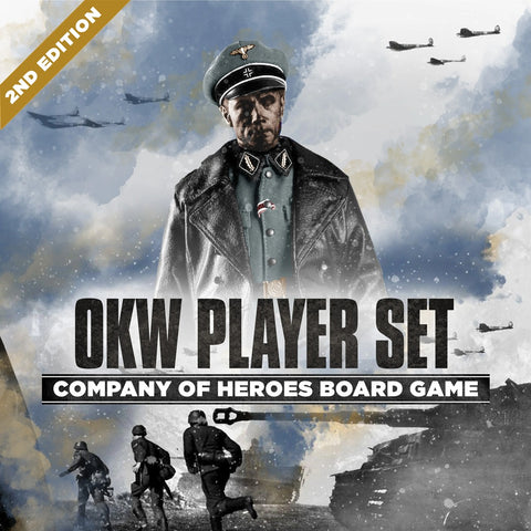 Board game cover for Company of Heroes: OKW Faction Player Set by Bad Crow Games—featuring a stern WWII German officer, aircraft overhead, and early infantry near spawning buildings; part of the Faction Player Sets collection.