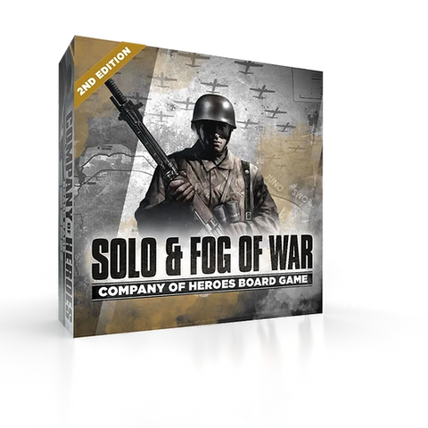 Bad Crow Games’ Company of Heroes: Solo and Fog of War Expansion features a soldier with a rifle and wartime maps, perfect for solo play with smart A.I.—compatible with the Company of Heroes Board Game, 2nd Edition.