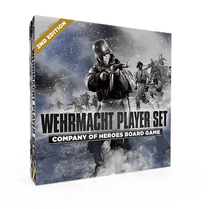 Box for Bad Crow Games’ Company of Heroes: Wehrmacht Faction Player Set, 2nd Edition, showing WWII-uniformed infantry aiming guns and elite tanks on a snowy battlefield.