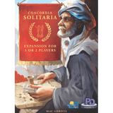 The Concordia Solitaria Expansion by PD-Verlag has a painted cover showing a man in a turban playing a board game, with a red banner noting it’s for solo and 2 players. The PD-Verlag logo appears at the bottom.