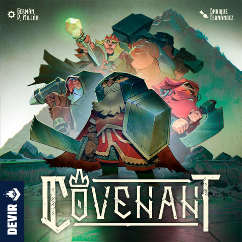 Colorful illustration of three armored dwarves with large hammers before an ancestral mountain. "Covenant" by Devir appears boldly below—ideal for any Dwarven board game focused on epic clan strategy.