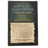 Petersen Games' Cthulhu Wars: Giant Blind Albino Penguins Expansion box features blue and green text, a description, 1 loyalty card, 2 detailed Lovecraft miniatures, and explains the expansion’s gameplay effects.