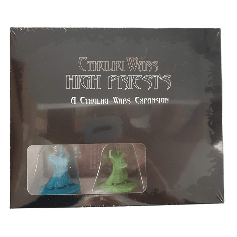 The Cthulhu Wars: High Priests Expansion by Petersen Games includes two plastic figurines (blue and green), visible through a window in the box. This board game add-on enhances your Cthulhu Wars experience.