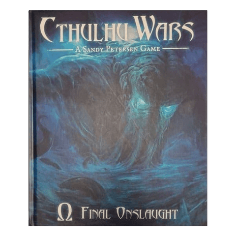 The cover of Petersen Games' Cthulhu Wars Omega Final Onslaught features a haunting, blue-tinted illustration of the monstrous Cthulhu rising from swirling mist.