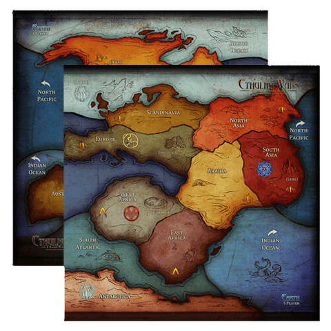 The Cthulhu Wars: Oversized 3-5 Player Earth Map Expansion by Petersen Games features a vintage-style, color-coded map of Europe, Asia, Africa, and Scandinavia, labeled "Cthulhu Wars"—perfect for 3-5 or 6-8 player games.