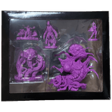 A box of five purple plastic miniatures from Petersen Games’ Cthulhu Wars: The Dunwich Horror Expansion, including the Whateley Clan and others, displayed in clear compartments.