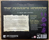 Back of the Cthulhu Wars: The Dunwich Horror Expansion box from Petersen Games, showing the Whateley Clan, game details, contents list, five purple miniatures, publisher info, loyalty cards, spellbook, and miniatures.