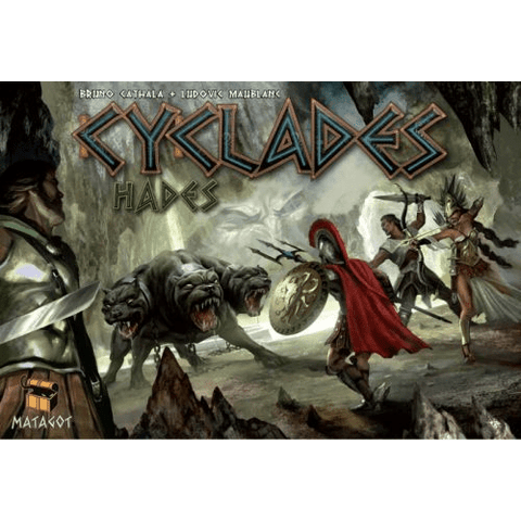 The illustrated box for Matagot’s Cyclades: Hades Expansion depicts armored warriors facing a three-headed Cerberus in a dark cave, with the expansion’s bold title displayed at the top.