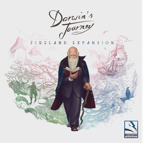 A bearded Victorian man with cane and book strolls among animal, plant, and ship sketches. Explore Adventure Cards and a new map in Darwin's Journey: Fireland Expansion by ThunderGryph Games—logo featured in the corner.