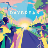 A vibrant illustration depicts people by solar panels and wind turbines at sunrise with a city skyline, reflecting the cooperative climate action theme of CMYK's game, Daybreak. The name DAYBREAK appears above the glowing sun on the horizon.