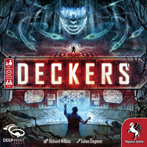 A person stands before a glowing console in a dark, cyberpunk world as a giant digital face looms above. The title "Deckers" by Pegasus Spiele is displayed in red, capturing the excitement of this cooperative hacking game.