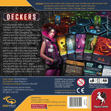 The back of the Deckers box by Pegasus Spiele displays a cyberpunk woman in a pink hoodie with a gun, game story, components, cards, tokens, and publisher details at the bottom.
