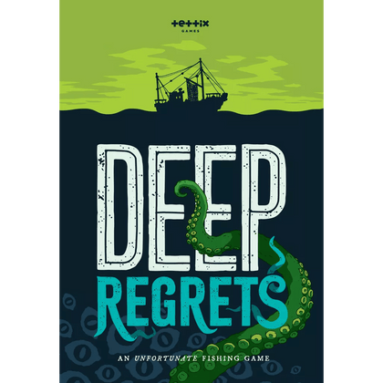 A fishing boat sails a green sea as a tentacle weaves through the title “Deep Regrets” from Tettix Games, with the tagline: “An unfortunate horror fishing game.”.