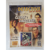 A plastic-wrapped Detective: City of Angels – Cloak & Daggered Expansion from Van Ryder Games features illustrated noir-style characters and striking yellow and red text, promoting an exciting new case for the mystery board game series.