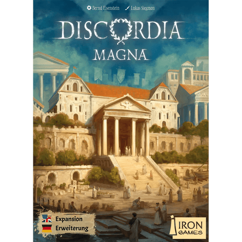 Box cover for the Discordia: Magna Expansion by Iron Games displays an ancient city with grand buildings, a central temple, people in togas, game title, and publisher logos—ideal for fans of city-building strategy games.