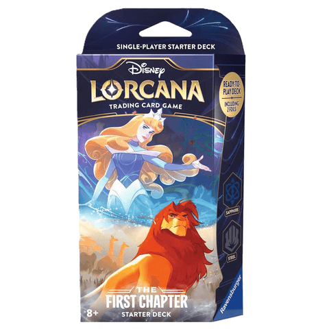 Discover the Disney Lorcana: The First Chapter Aurora & Simba Starter Deck by Ravensburger, a trading card game set for ages 8+ featuring Aurora and Simba on the cover.