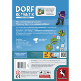 The back cover of Dorfromantik: Light Luggage by Pegasus Spiele features a concise game description, contents list, logos, setup image of this cooperative tile-laying game, and award badges on a blue background with text in English and German.