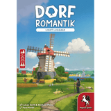 The cover of Dorfromantik: Light Luggage by Pegasus Spiele features a vibrant windmill, green fields, farm animals, and a river, highlighting this compact cooperative tile-laying game. The Pegasus Spiele logo appears at the bottom right corner.
