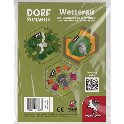 Dorfromantik: The Board Game – Die Wetterau Mini Expansion by Pegasus Spiele includes illustrated gameplay tiles, instructions inside, and features the Pegasus Spiele and Toukana Interactive logos on the packaging.