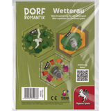 Back of the Dorfromantik: The Board Game Bundle shows illustrated tiles and rules in German and English, ideal for fans of this family puzzle game. Features logos, barcode, and Pegasus Spiele branding on a green background.