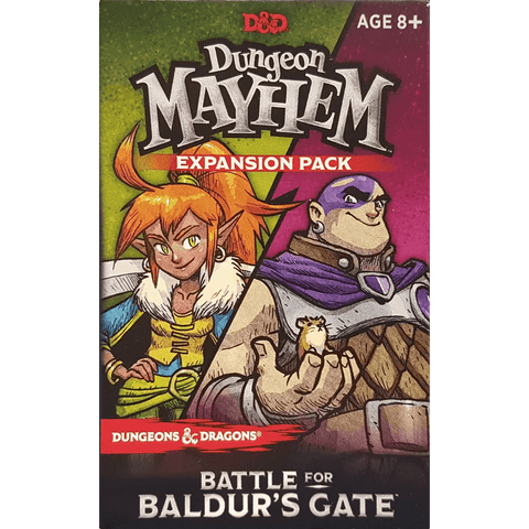 The Dungeon Mayhem: Battle for Baldur’s Gate Expansion by Wizards of the Coast features a box cover with an orange-haired elf and a large man in purple, set against a vivid green and pink background.