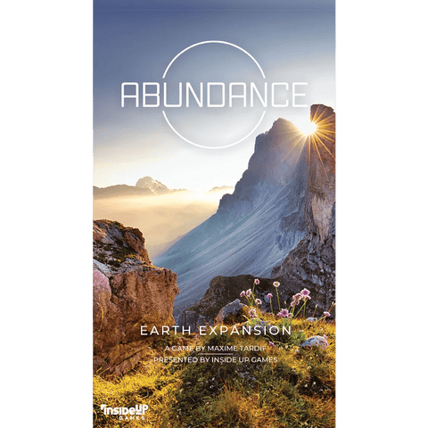 A mountain sunrise with wildflowers and sunlight over rocky peaks. Text: “Earth: Abundance Expansion, an award-winning board game from Inside Up Games.”.