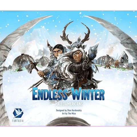 Two people in fur-lined winter gear stand back-to-back with weapons amid snowy mammoth tusks. Snowy huts and mammoths highlight the deck building and worker placement of Endless Winter: Paleoamericans Bundle 2 by Fantasia Games.
