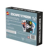 The back of Escape from the Moon by Salt & Pepper Games displays astronaut cards, outlines oxygen survival challenges, and provides information about the game designer, Hiroshi Kawamura.