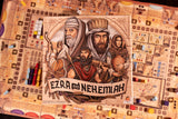 The box cover of Ezra and Nehemiah by Garphill Games displays illustrated ancient characters above a detailed game board with tokens, cards, colorful wooden pieces, and nods to Jerusalem’s temple and Nehemiah’s rebuilding efforts.